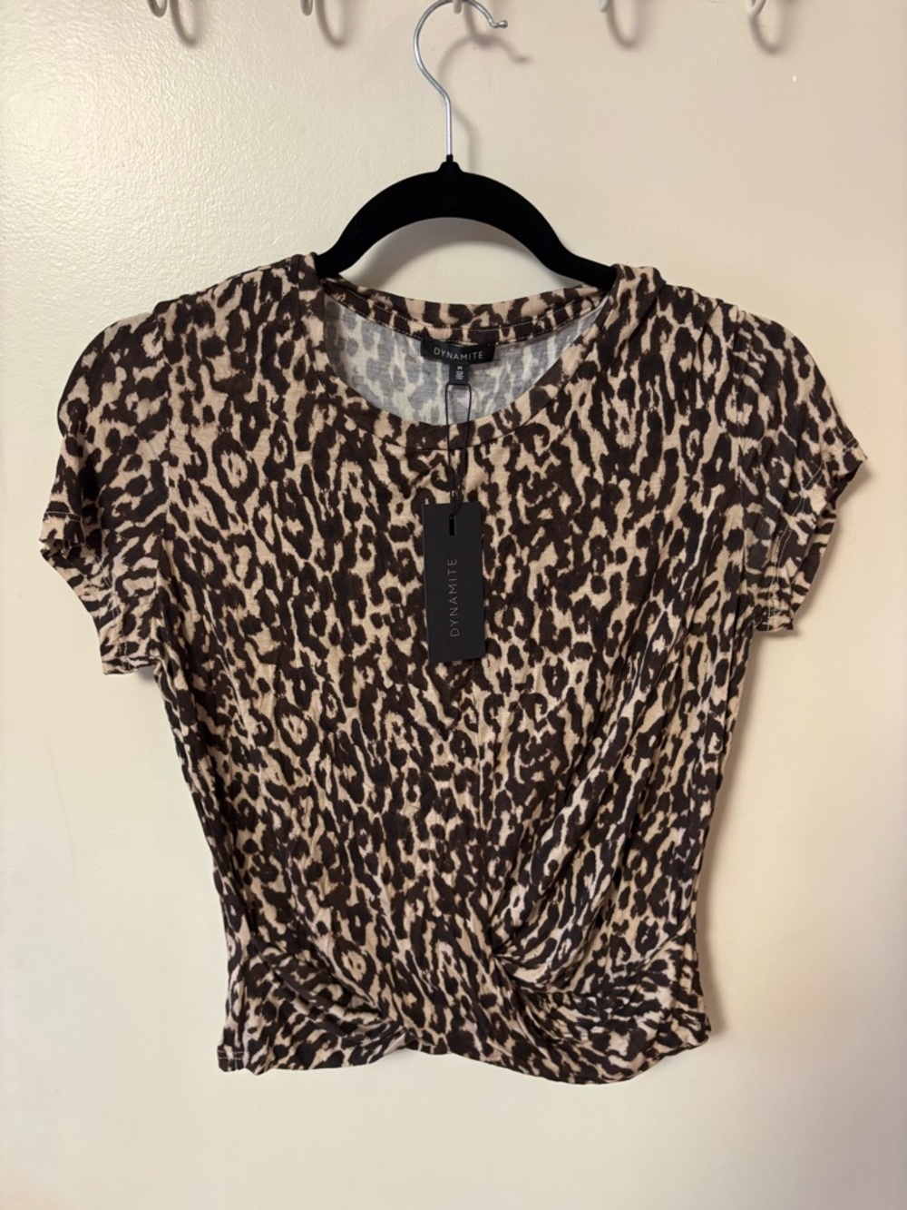 Dynamite Brown and Cream Leopard-Print Twist-Front Short Sleeve Top